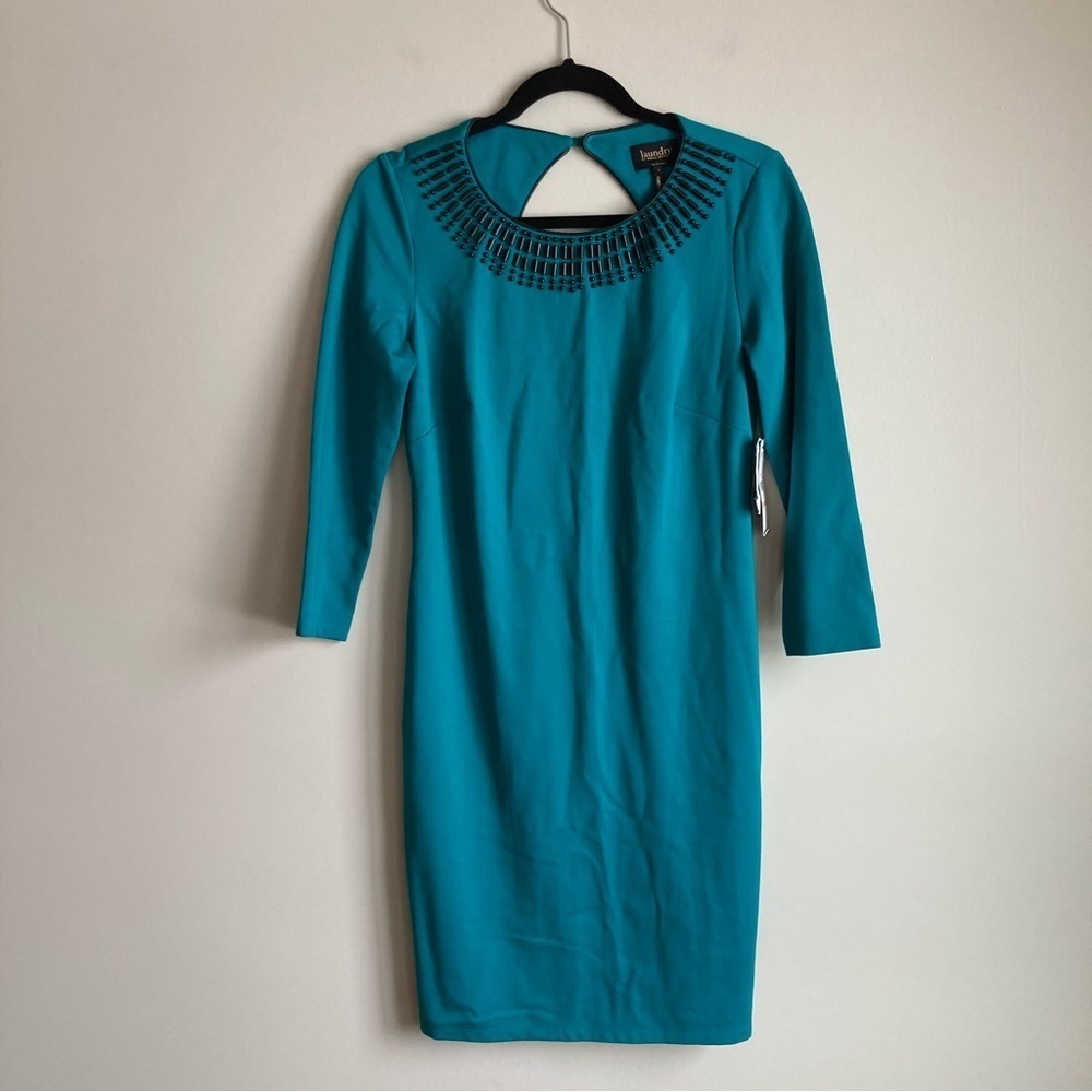 NWT Laundry by Shelli Segal Teal Midi Fitted Dress 3/4 Sleeve 2
